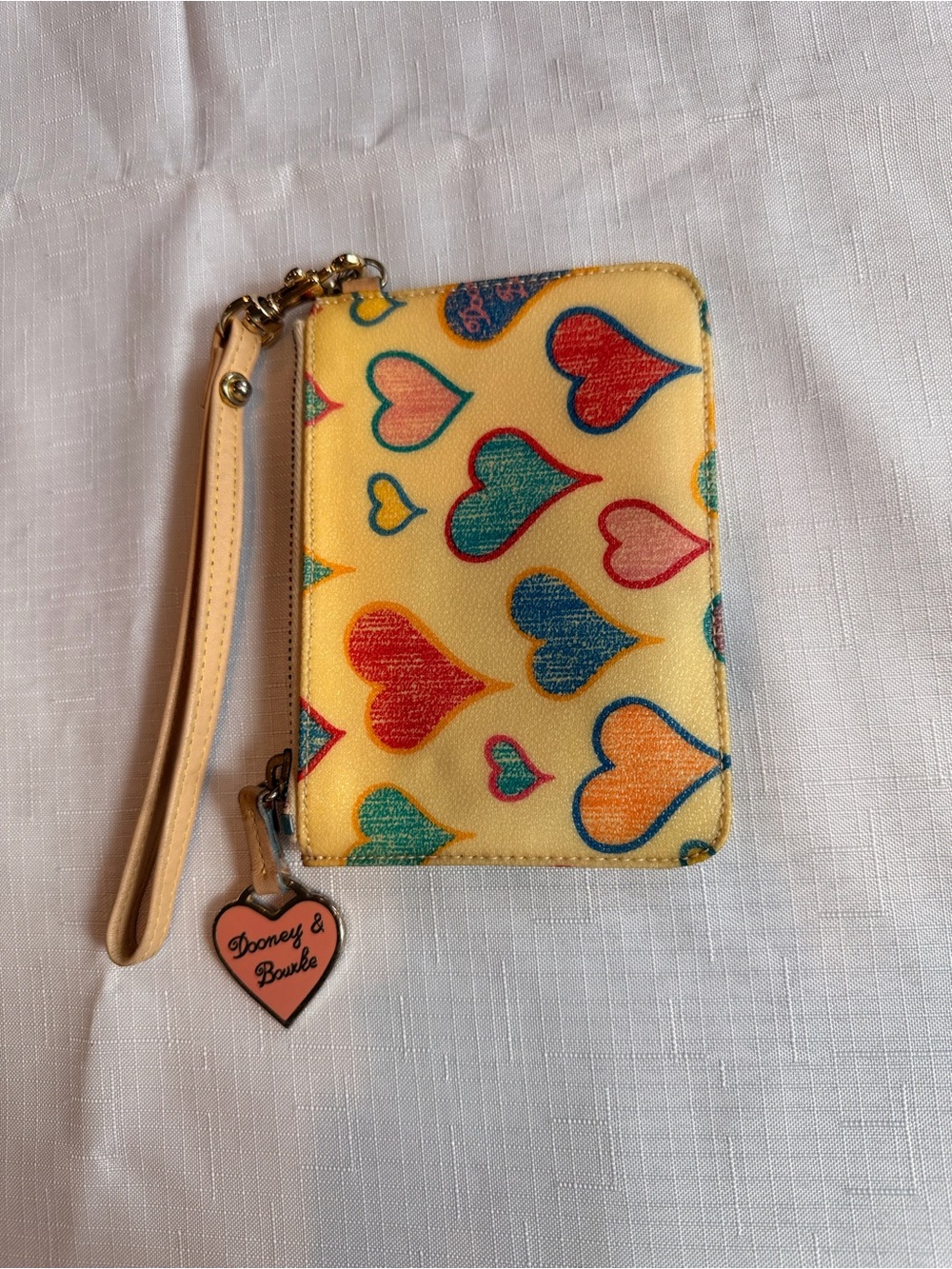 Dooney & Bourke Yellow Heart Wristlet Card Holder with Multicolor Hearts & zippe